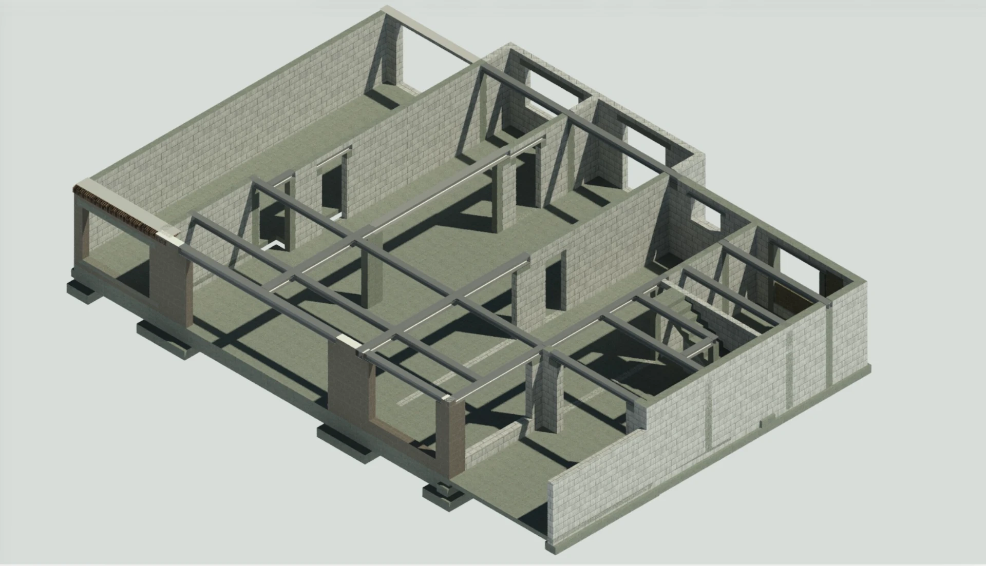 Vue 3D de la villa : maçonneries existantes et nouvelle structure métallique