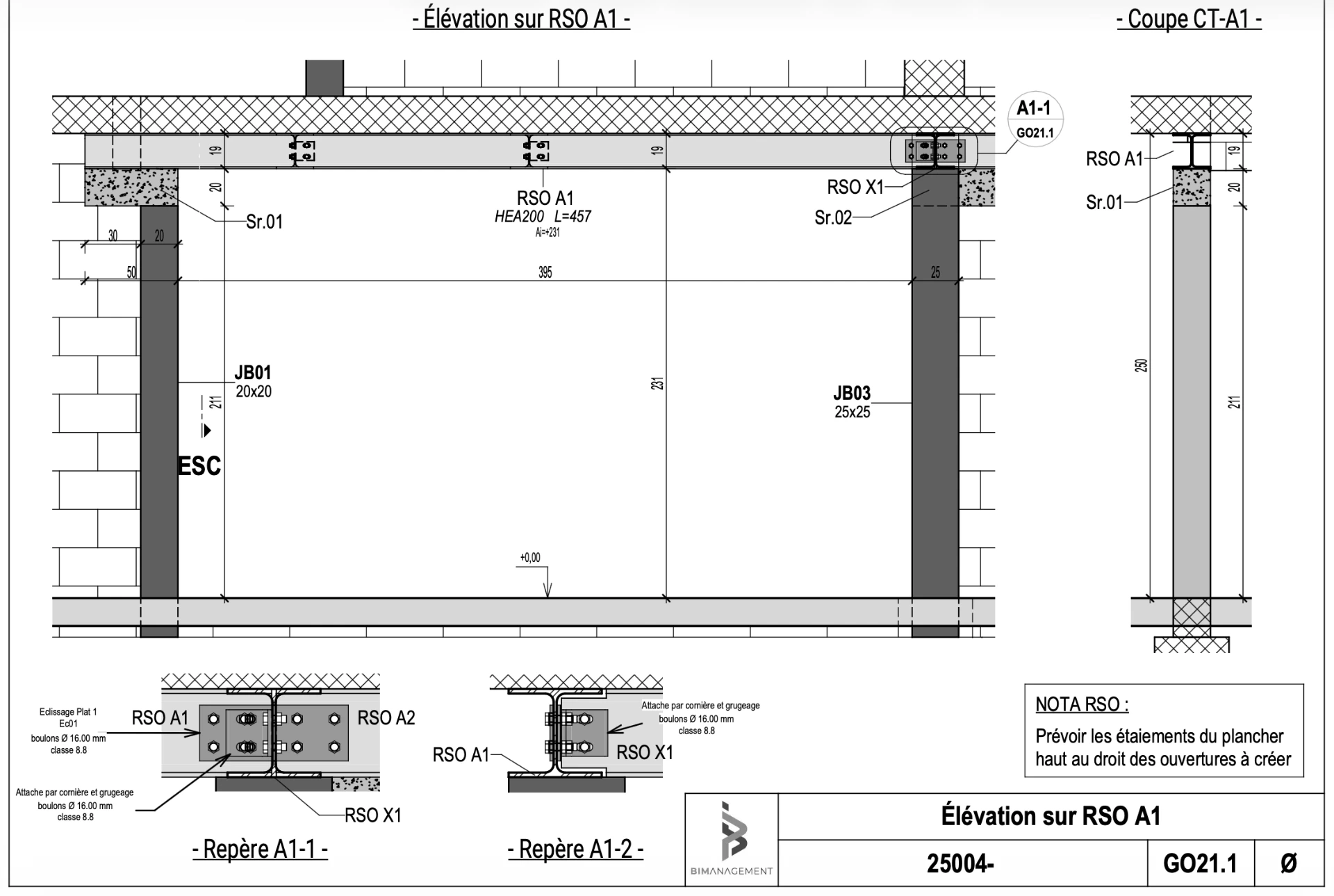 Élévation sur RSO A1 — HEA200, coupe CT-A1 et repères A1-1 et A1-2
