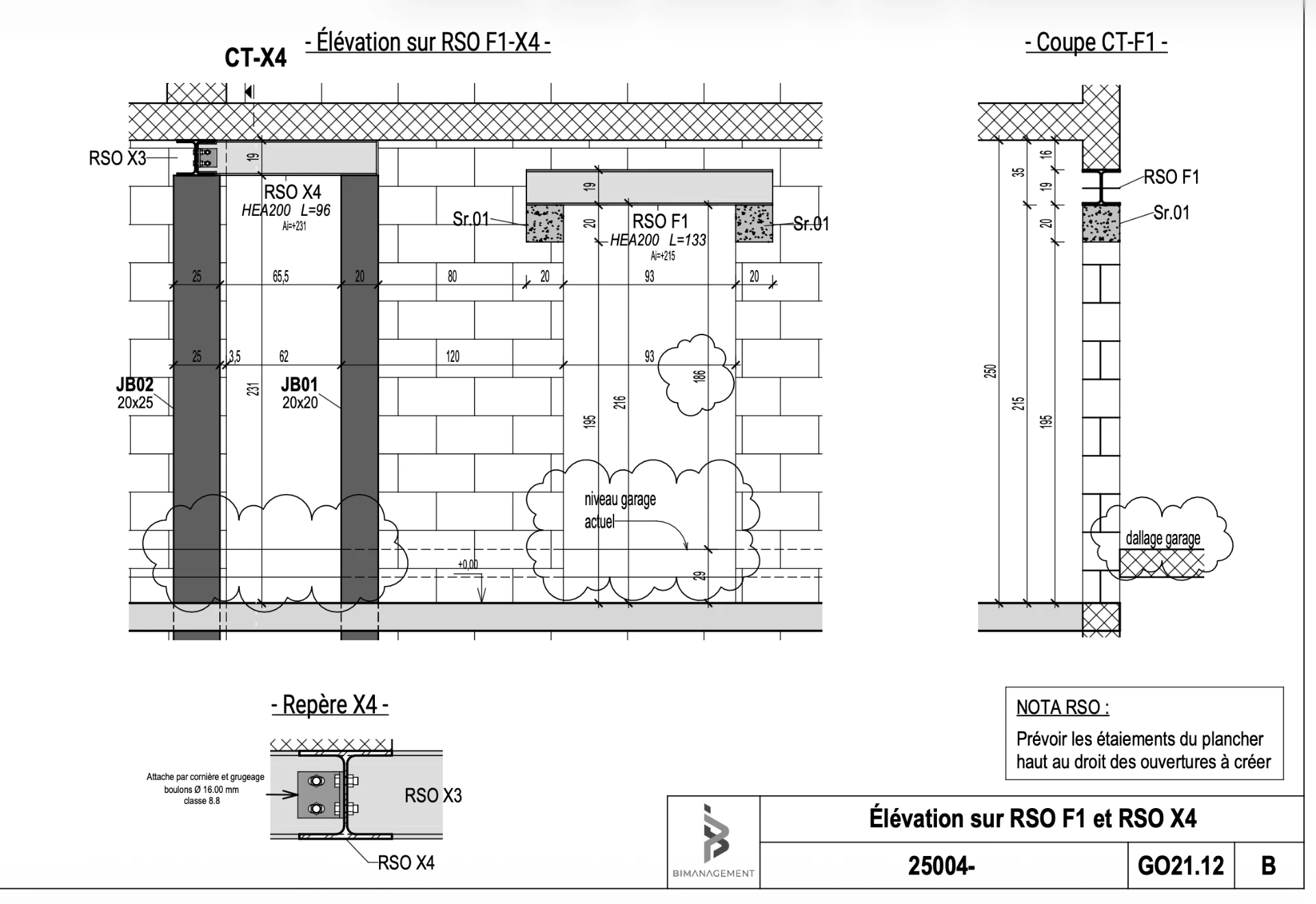 Élévation sur RSO F1 et RSO X4 — HEA200, maçonnerie existante et coupe CT-F1