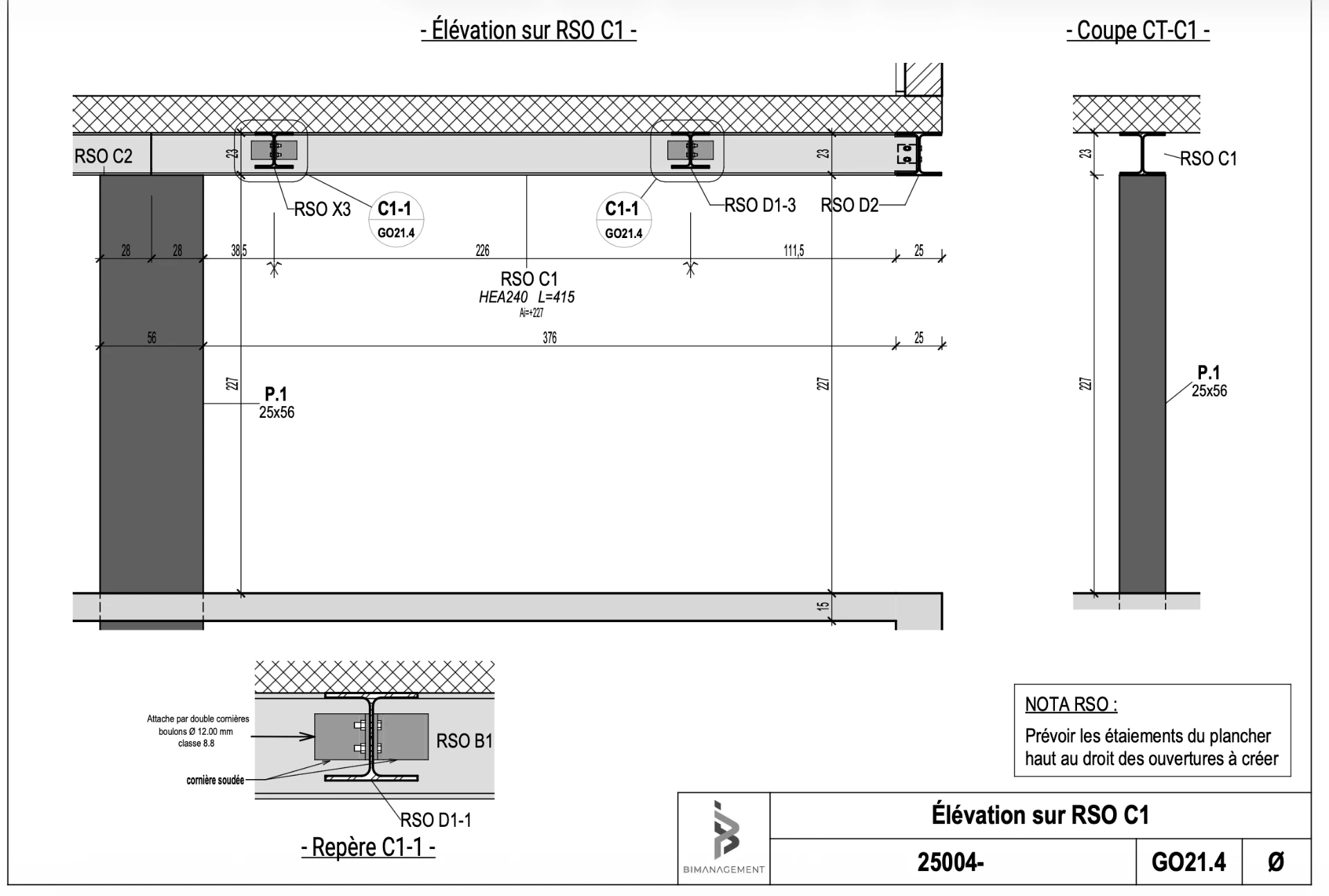 Élévation sur RSO C1 — HEA240, coupe CT-C1 et repère C1-1