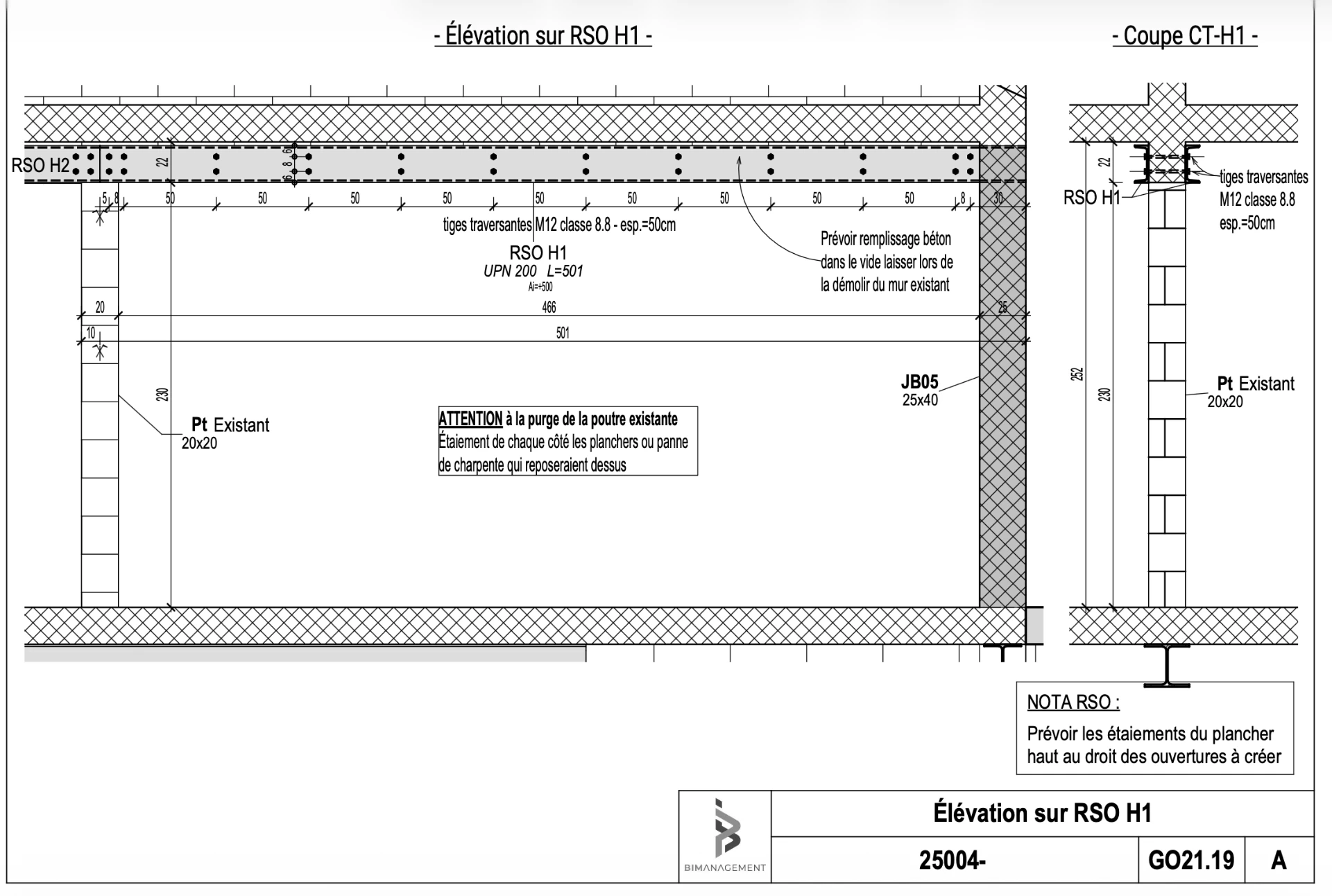 Élévation sur RSO H1 — UPN 200 L=501, tiges traversantes M12 classe 8.8 et coupe CT-H1