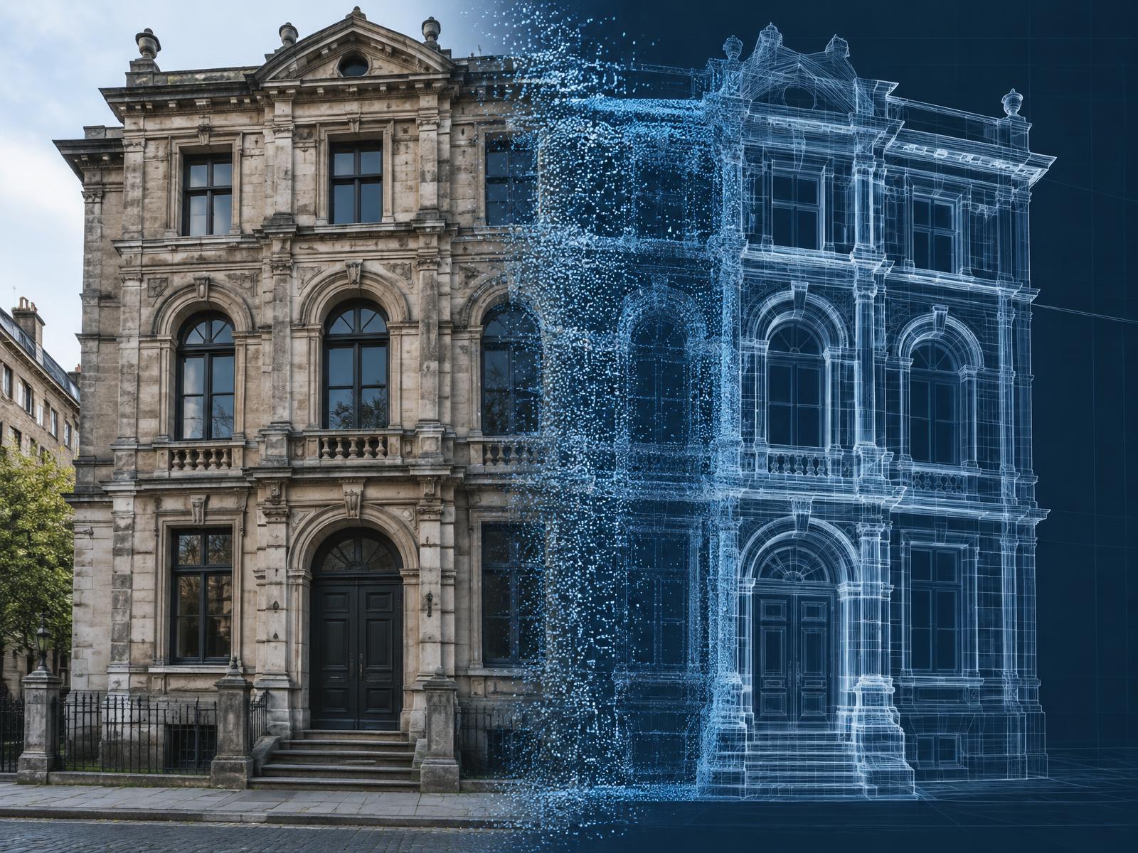 Façade d'un bâtiment existant se transformant en nuage de points puis en modèle filaire
