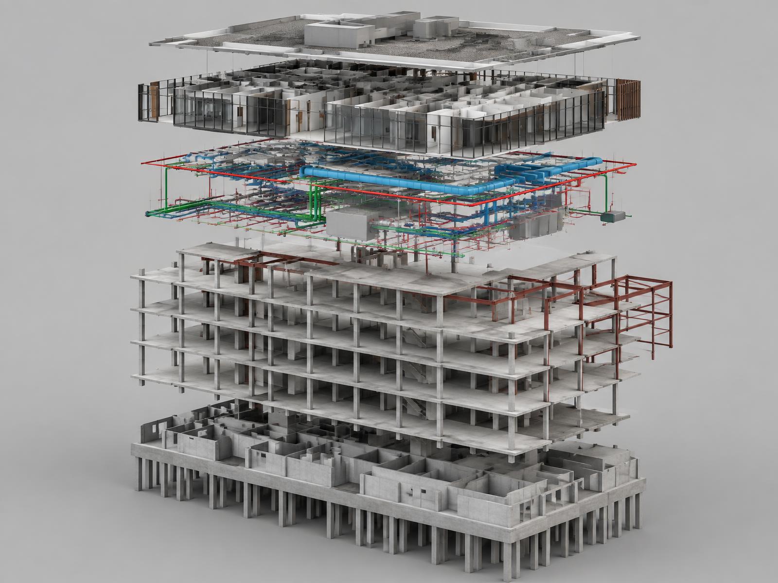 Vue éclatée d'une maquette numérique : fondations, structure béton, réseaux techniques et enveloppe du bâtiment