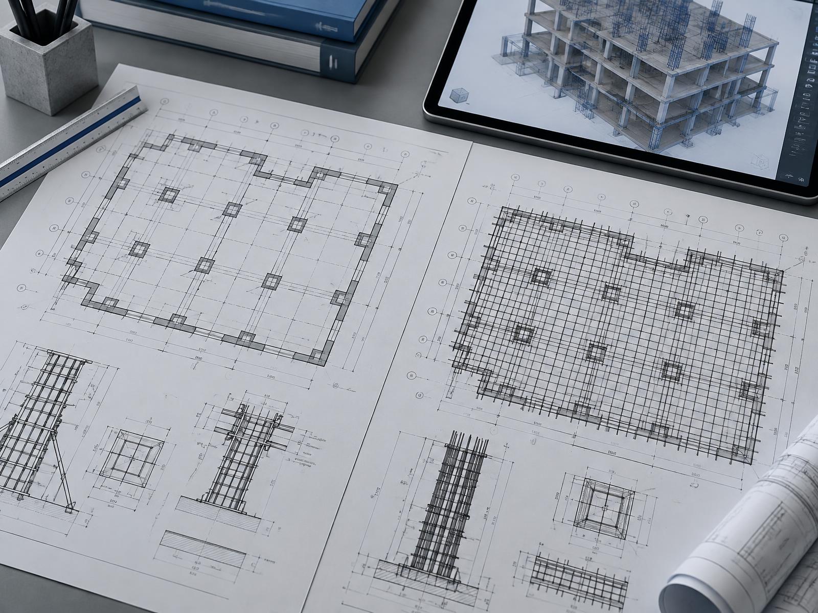 Plan et coupe d'exécution des éléments structurels