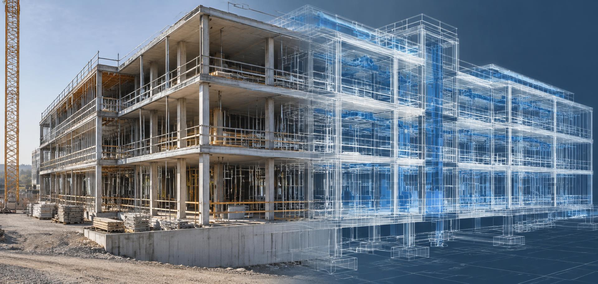 Bâtiment en construction se prolongeant à droite par sa maquette numérique filaire