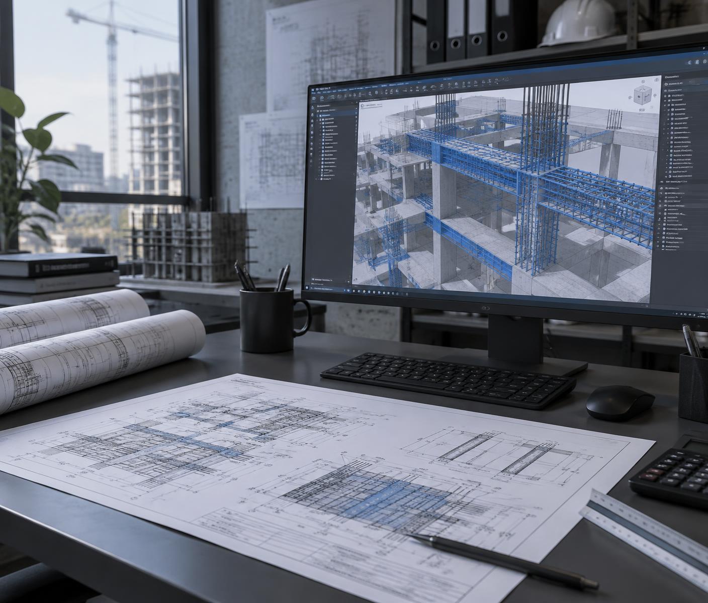Poste de travail d'un bureau d'études : maquette numérique BIM à l'écran et plans techniques
